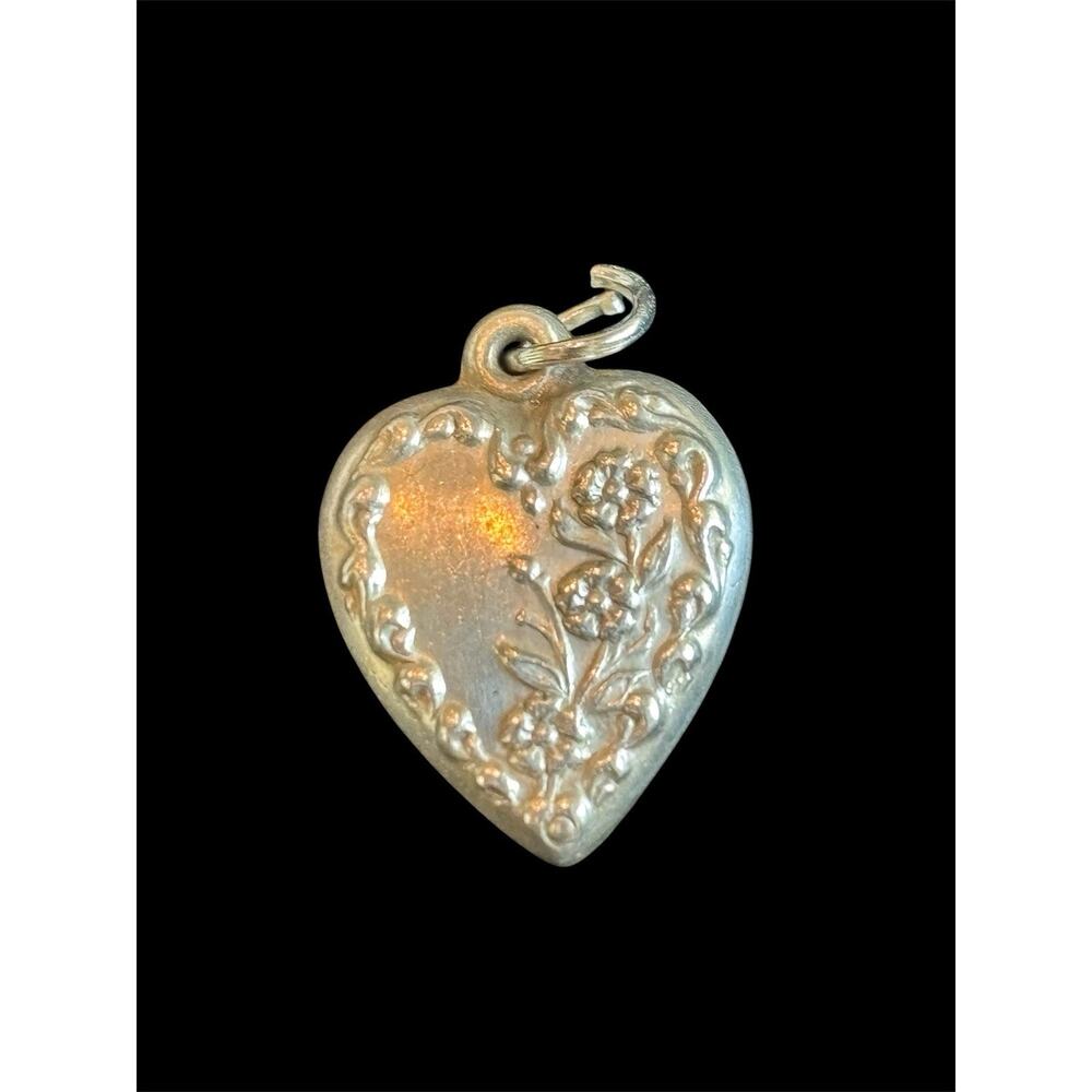 Vtg Sterling Silver MCM Puffy Heart Floral Charm 925